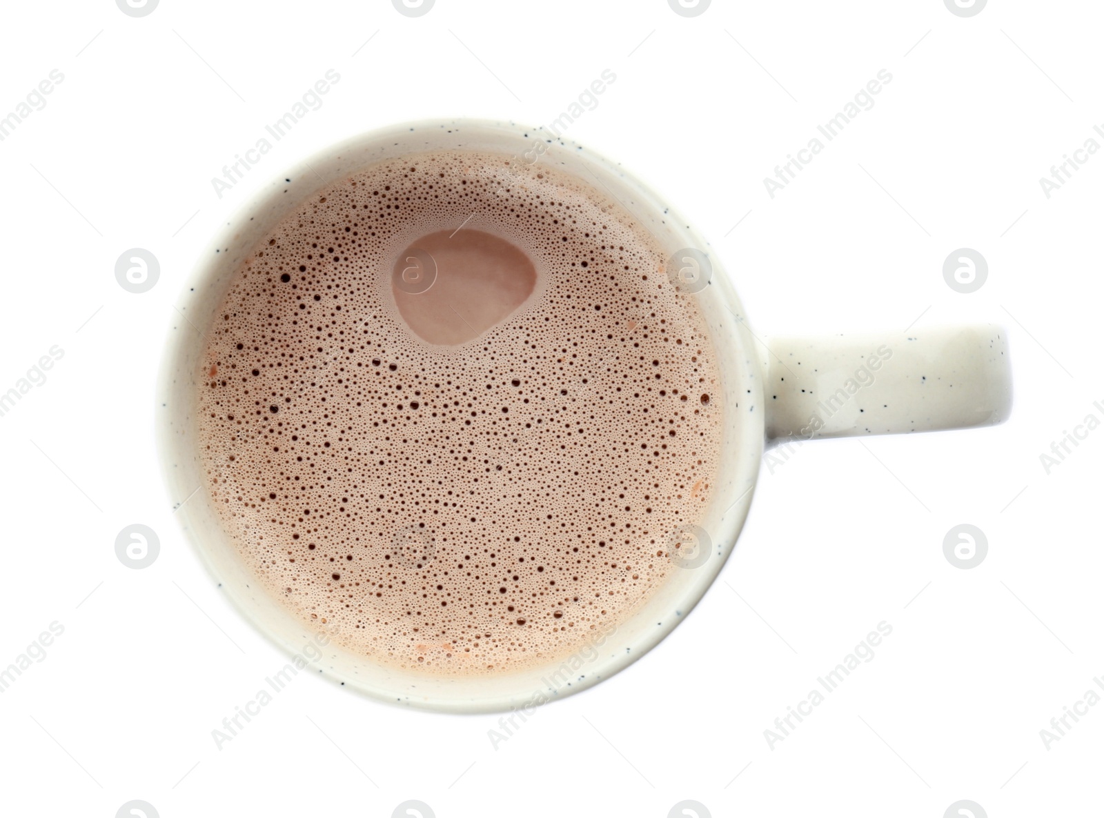 Photo of Mug with delicious hot cocoa drink on white background, top view