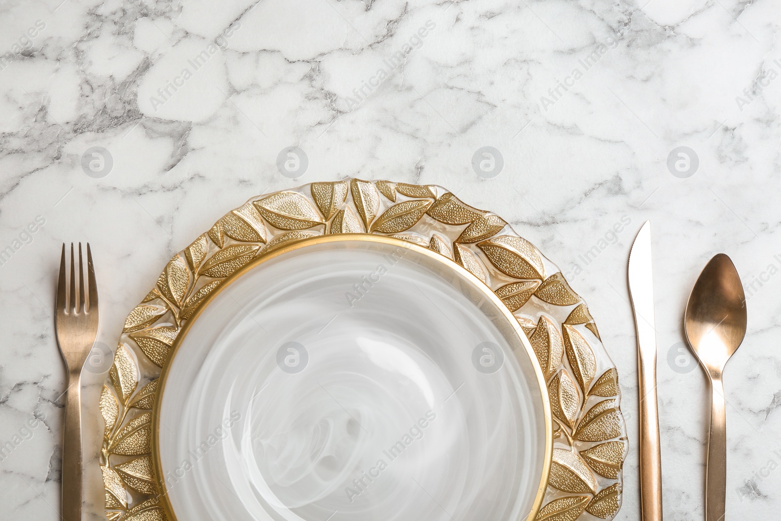Photo of Elegant table setting on white marble background, flat lay