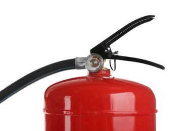 Photo of Fire extinguisher isolated on white, closeup. Safety tool