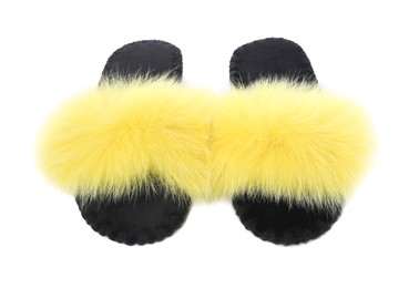 Photo of Pair of fluffy slippers isolated on white