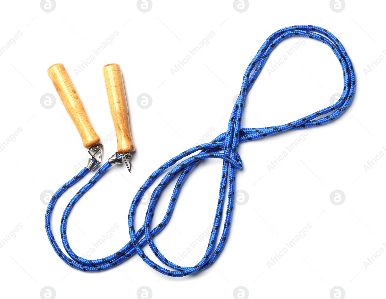 Photo of Jump rope on white background, top view. Sports equipment