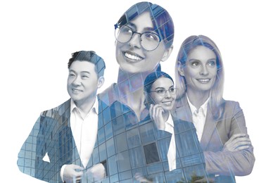 Double exposure of different businesspeople and office buildings