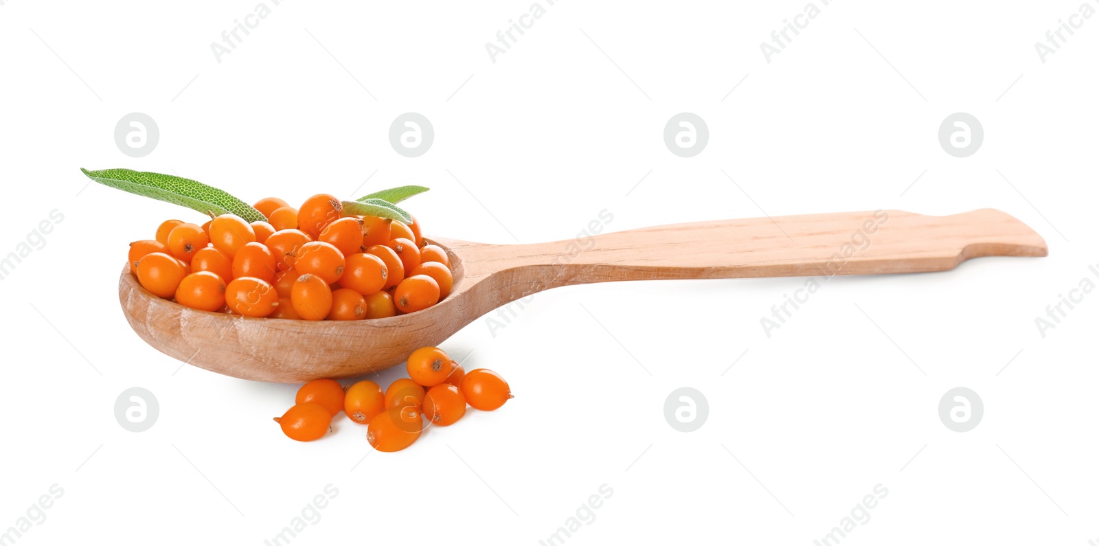 Photo of Wooden spoon with fresh ripe sea buckthorn berries on white background