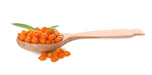 Wooden spoon with fresh ripe sea buckthorn berries on white background