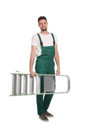 Worker in uniform holding metal ladder on white background