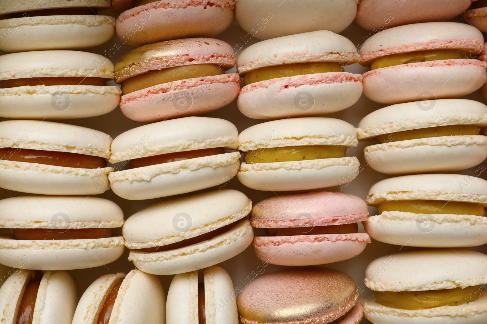 Photo of Different delicious macarons as background, top view