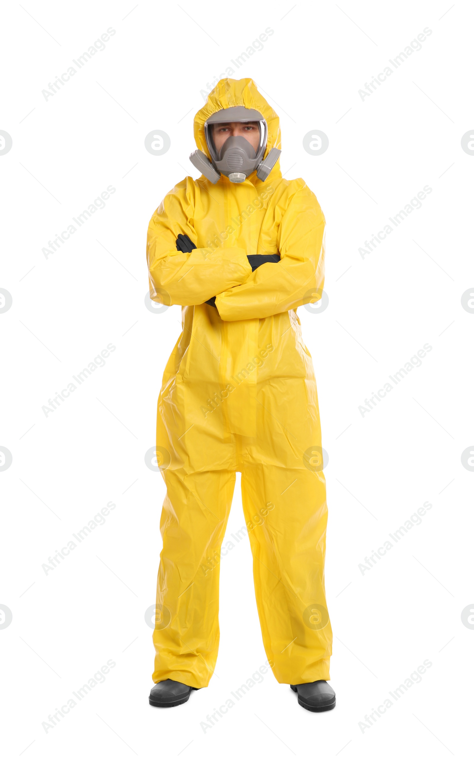 Photo of Man wearing chemical protective suit on white background. Virus research