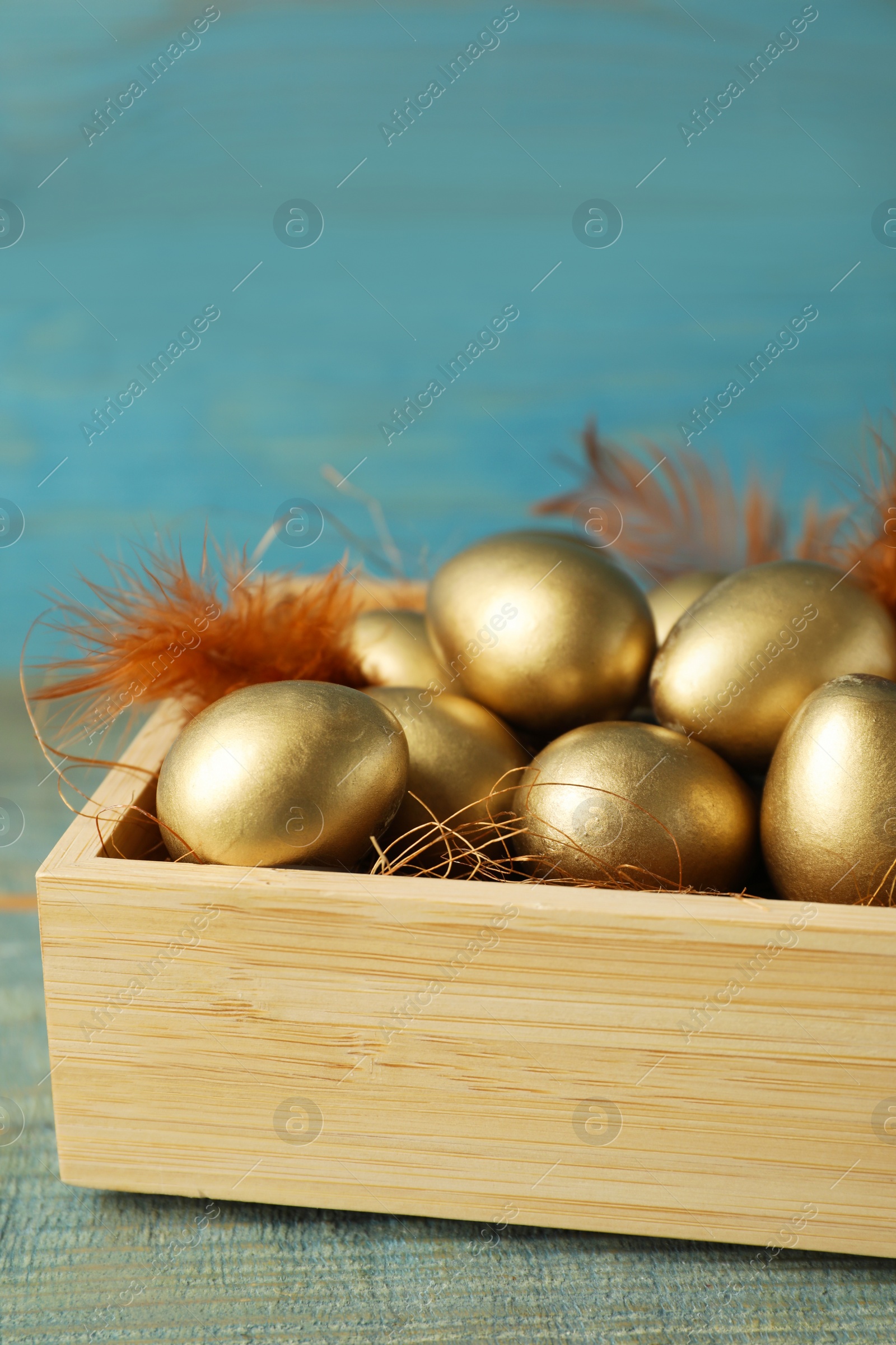 Photo of Crate with golden eggs on light blue wooden table, closeup