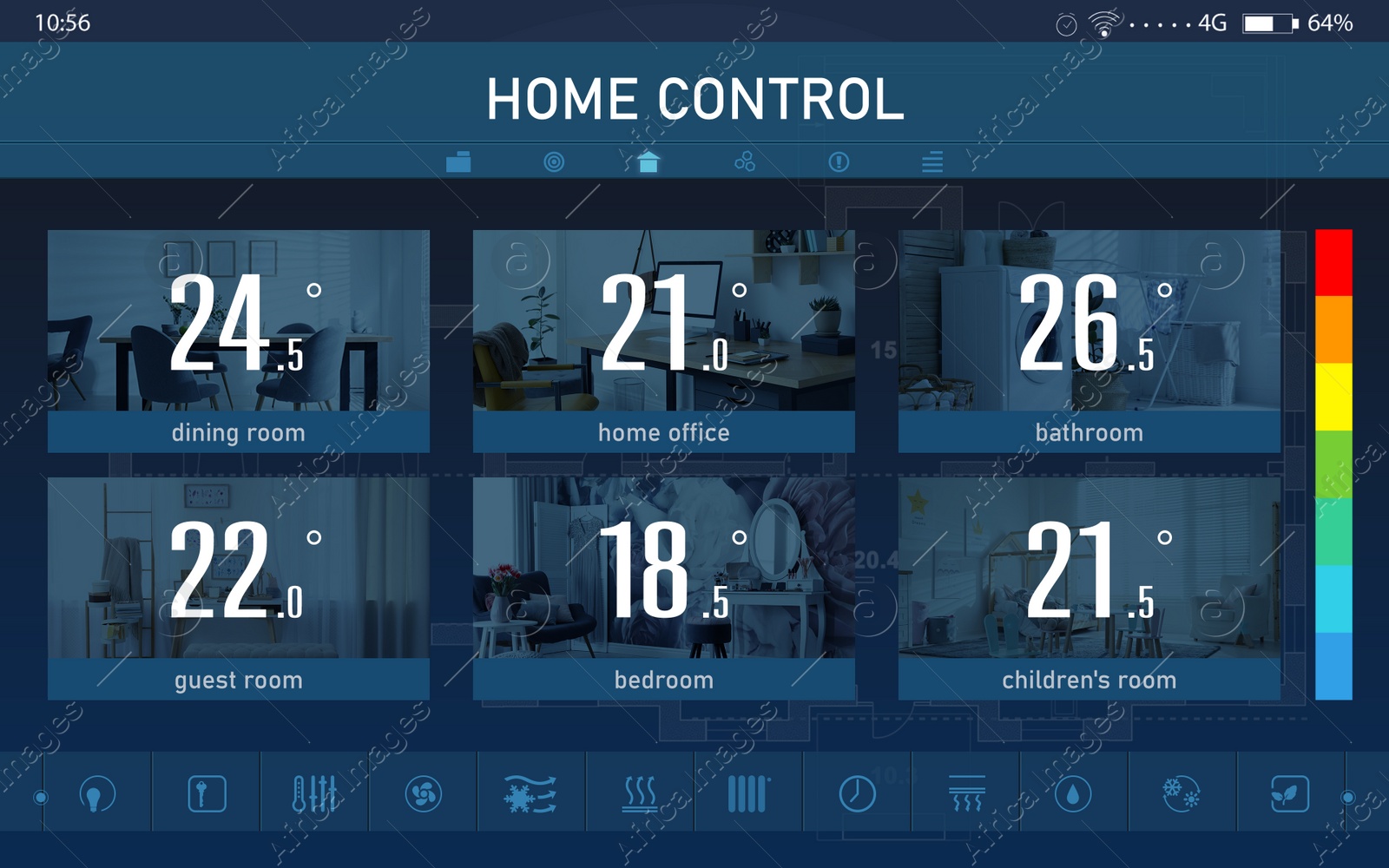 Illustration of Energy efficiency home control system. Application displaying temperature in different rooms and other settings