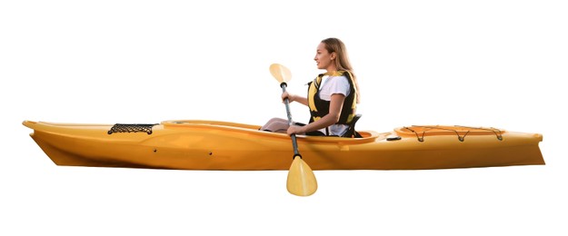 Beautiful young woman with paddle in kayak on white background