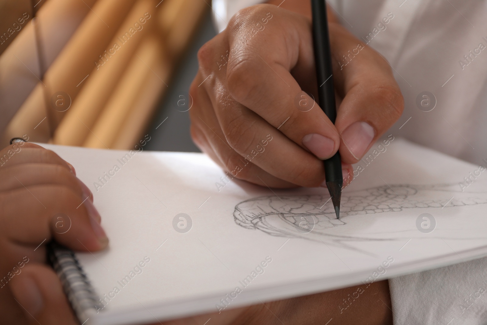 Photo of Man drawing snake with pencil in notepad near window, closeup