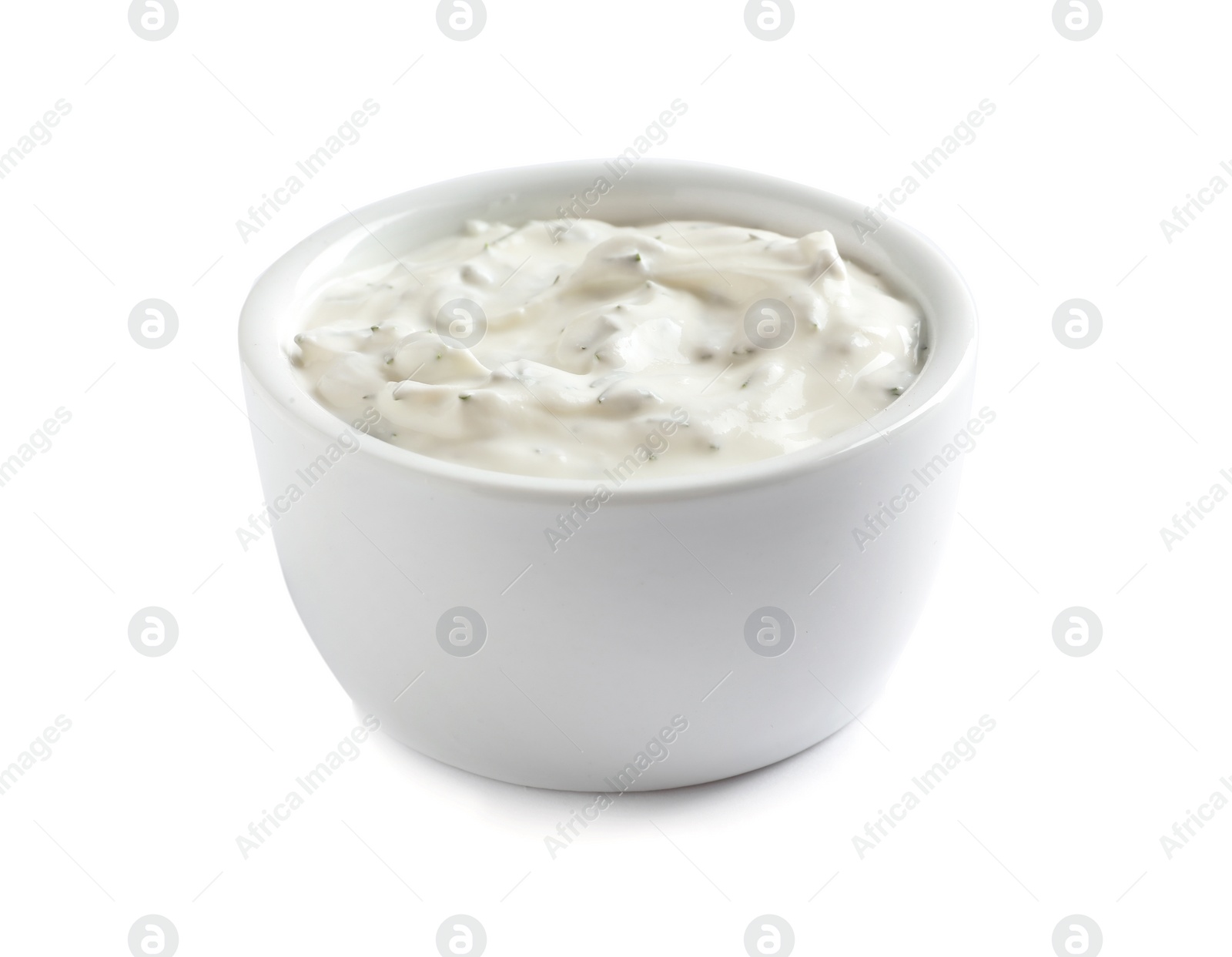 Photo of Delicious tartar sauce in bowl on white background