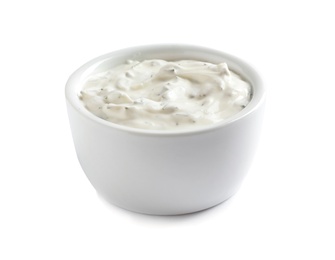 Photo of Delicious tartar sauce in bowl on white background