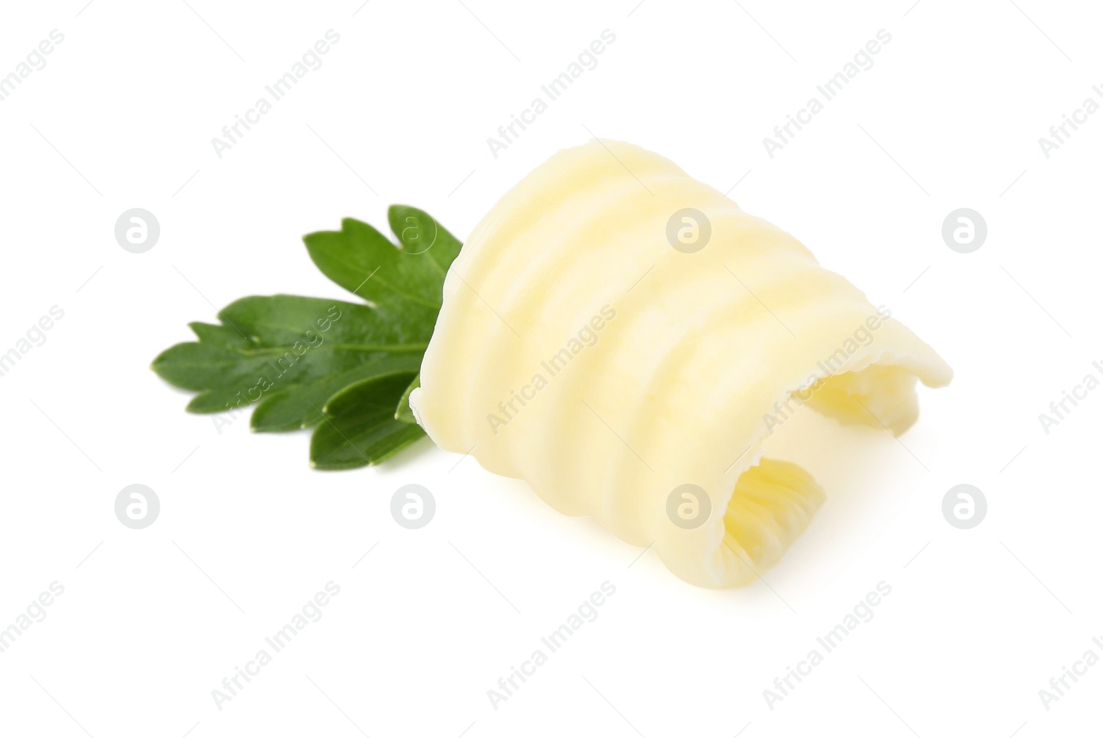 Photo of Tasty butter curl and fresh parsley isolated on white