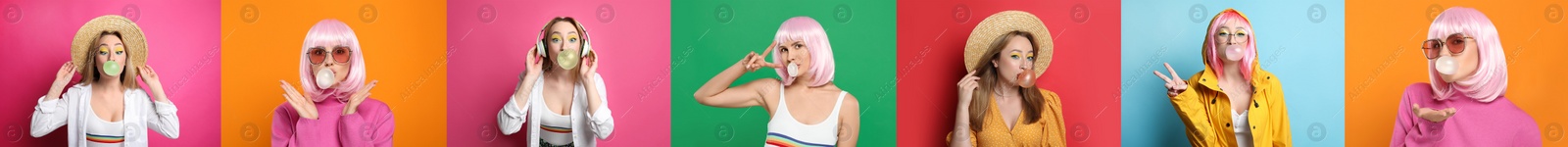 Image of Women blowing bubble gums on color backgrounds, set of photos