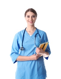 Photo of Young medical student with notebooks on white background