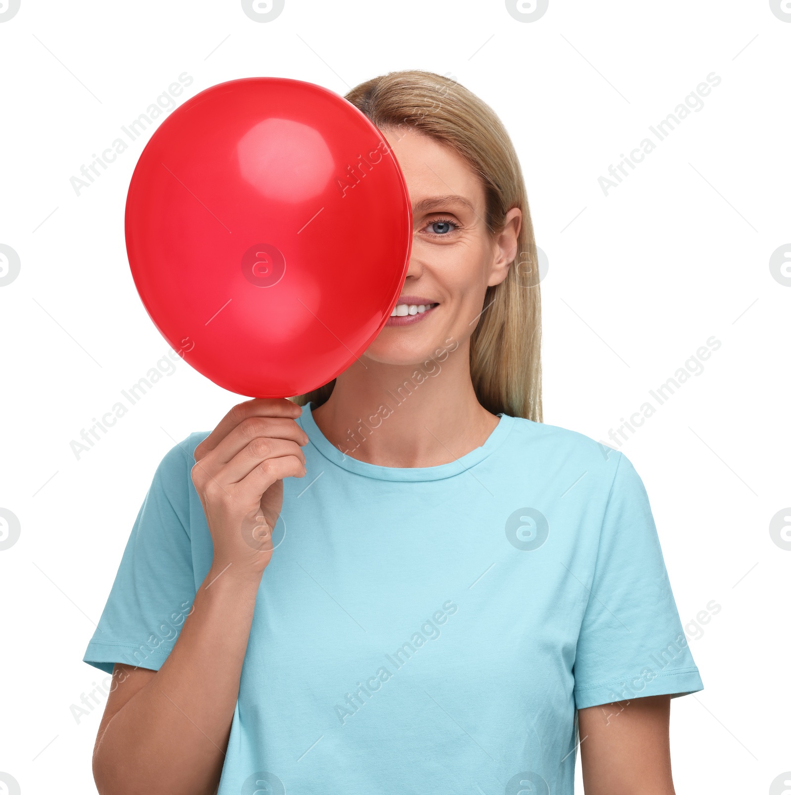 Photo of Woman with air balloon on white background