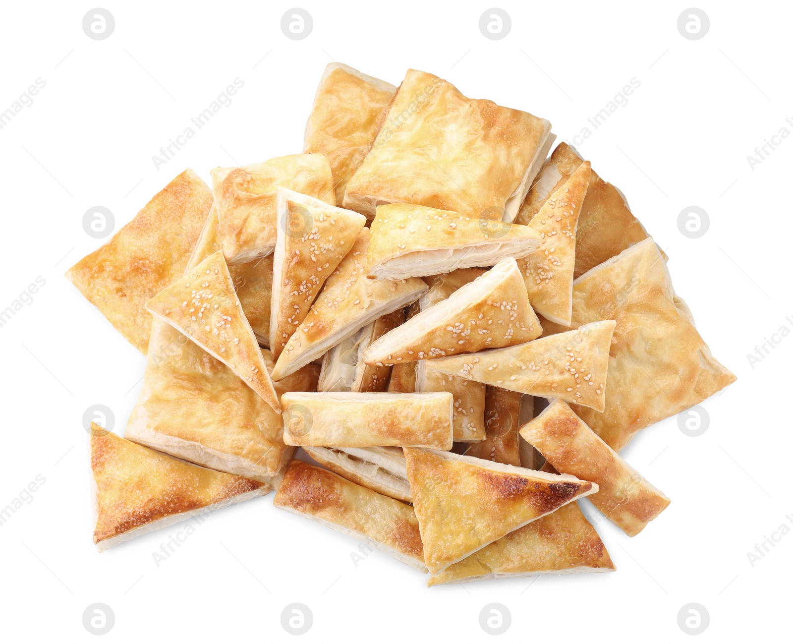 Photo of Many delicious fresh puff pastries isolated on white, top view