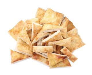 Photo of Many delicious fresh puff pastries isolated on white, top view