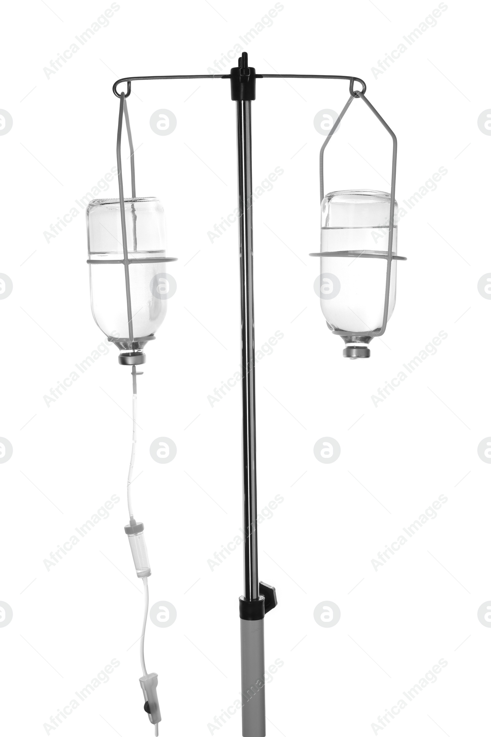 Photo of IV infusion set on pole against white background