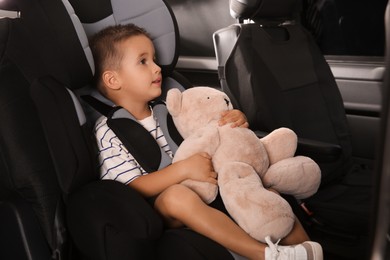 Little boy fastened with car safety belt in child seat holding toy bear