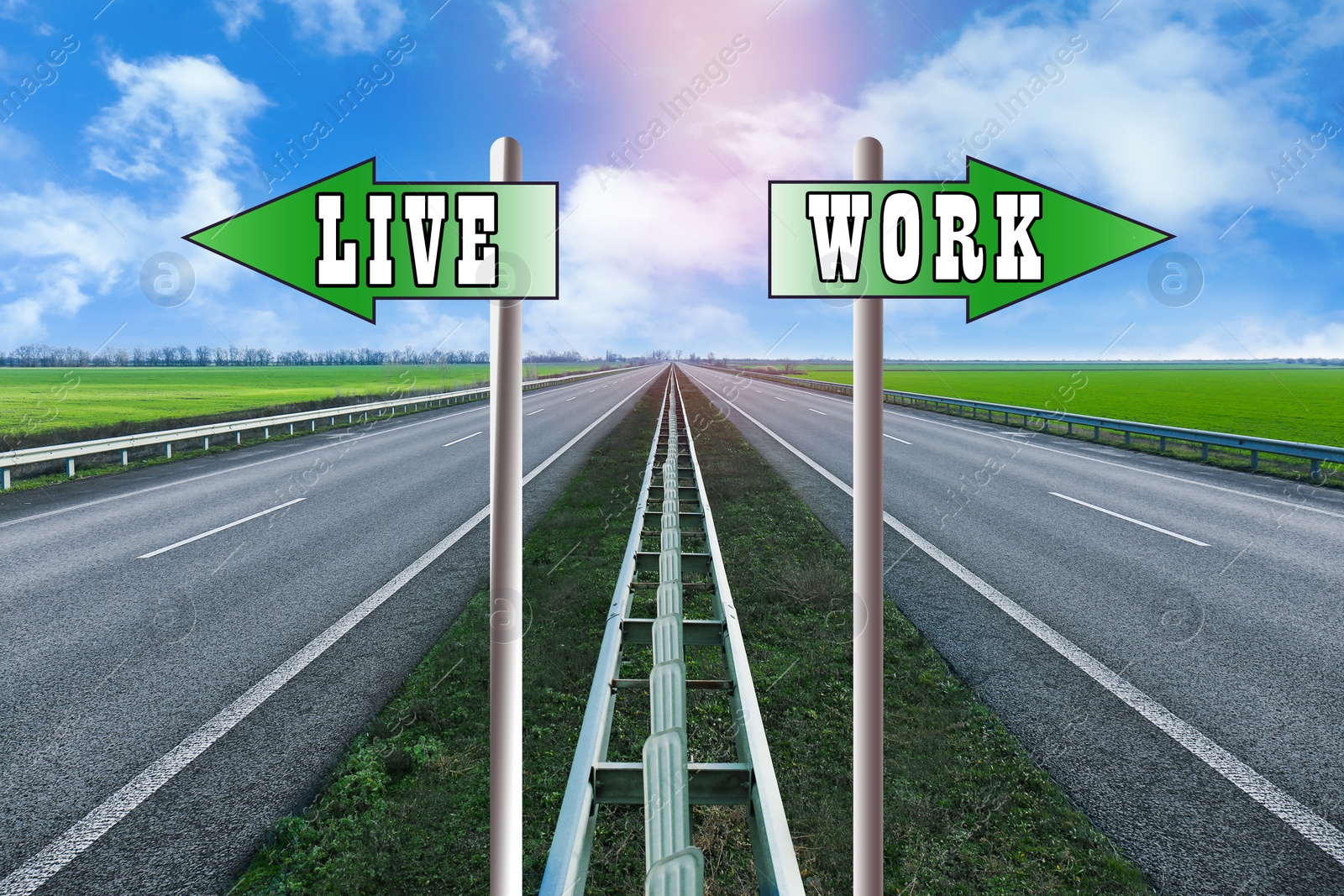 Image of Beautiful view of asphalt highway and arrows. Concept of balance between life and work 