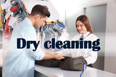 Image of Client and worker with jacket at modern dry-cleaner's