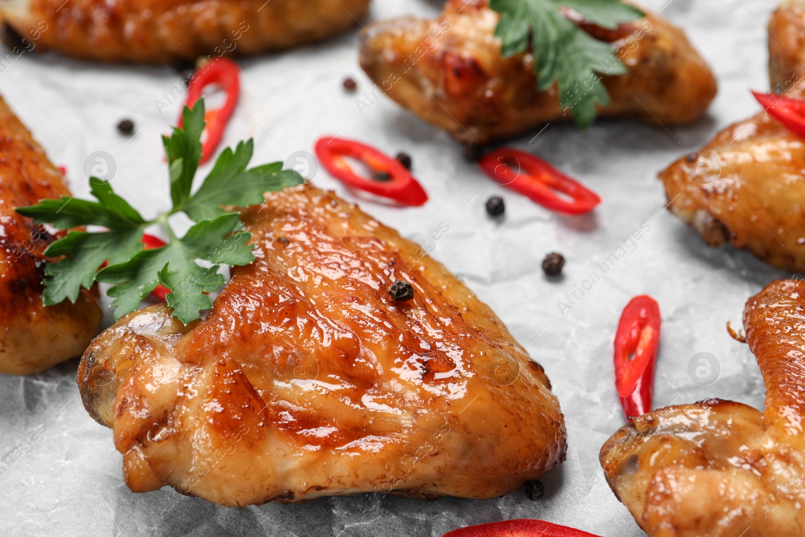 Photo of Closeup view of delicious fried chicken wings