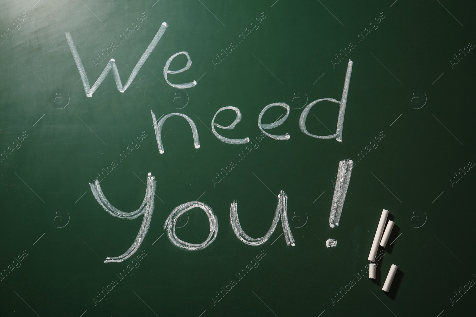 Photo of Phrase "We need you" written on green chalkboard, top view. Plea for help