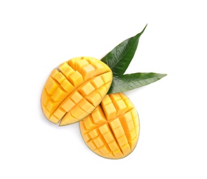 Photo of Cut ripe mango on white background, top view. Tropical fruit