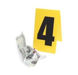 Photo of Bloody crumpled dollar and crime scene marker with number four isolated on white