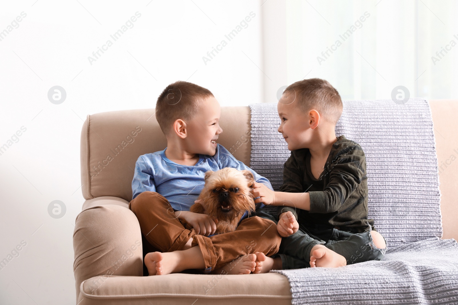 Photo of Portrait of cute boys with funny Brussels Griffon dog at home. Loyal friends