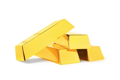 Precious shiny gold bars on white background