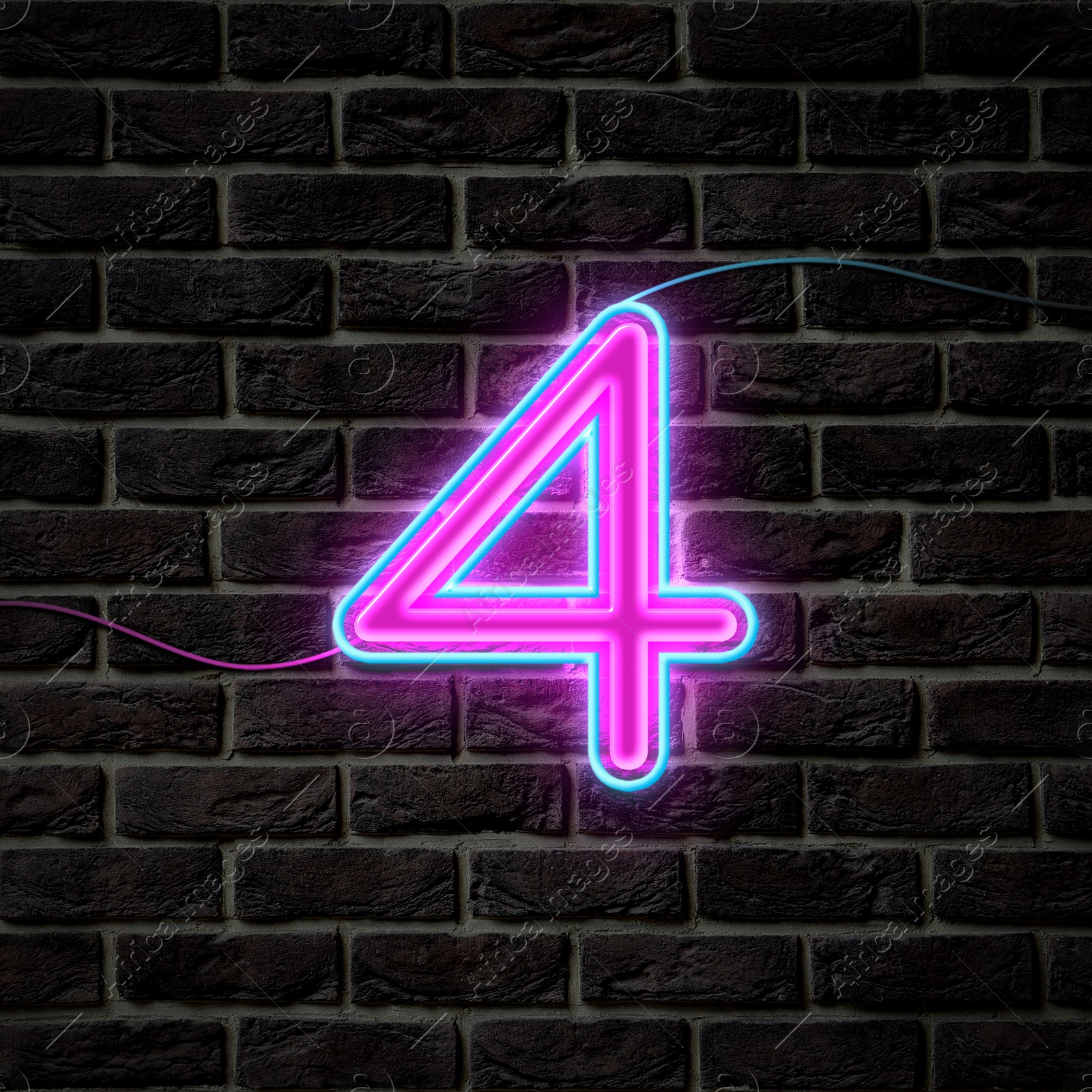 Image of Glowing neon number 4 sign on brick wall