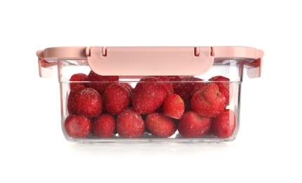 Box with ripe strawberries on white background