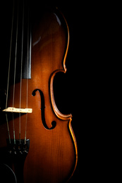 Photo of Beautiful classic wooden violin on black background