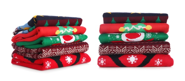 Image of Collage with stacked folded Christmas sweaters on white background. Banner design