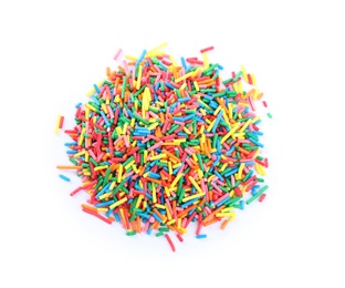 Photo of Colorful sprinkles on white background, top view. Confectionery decor