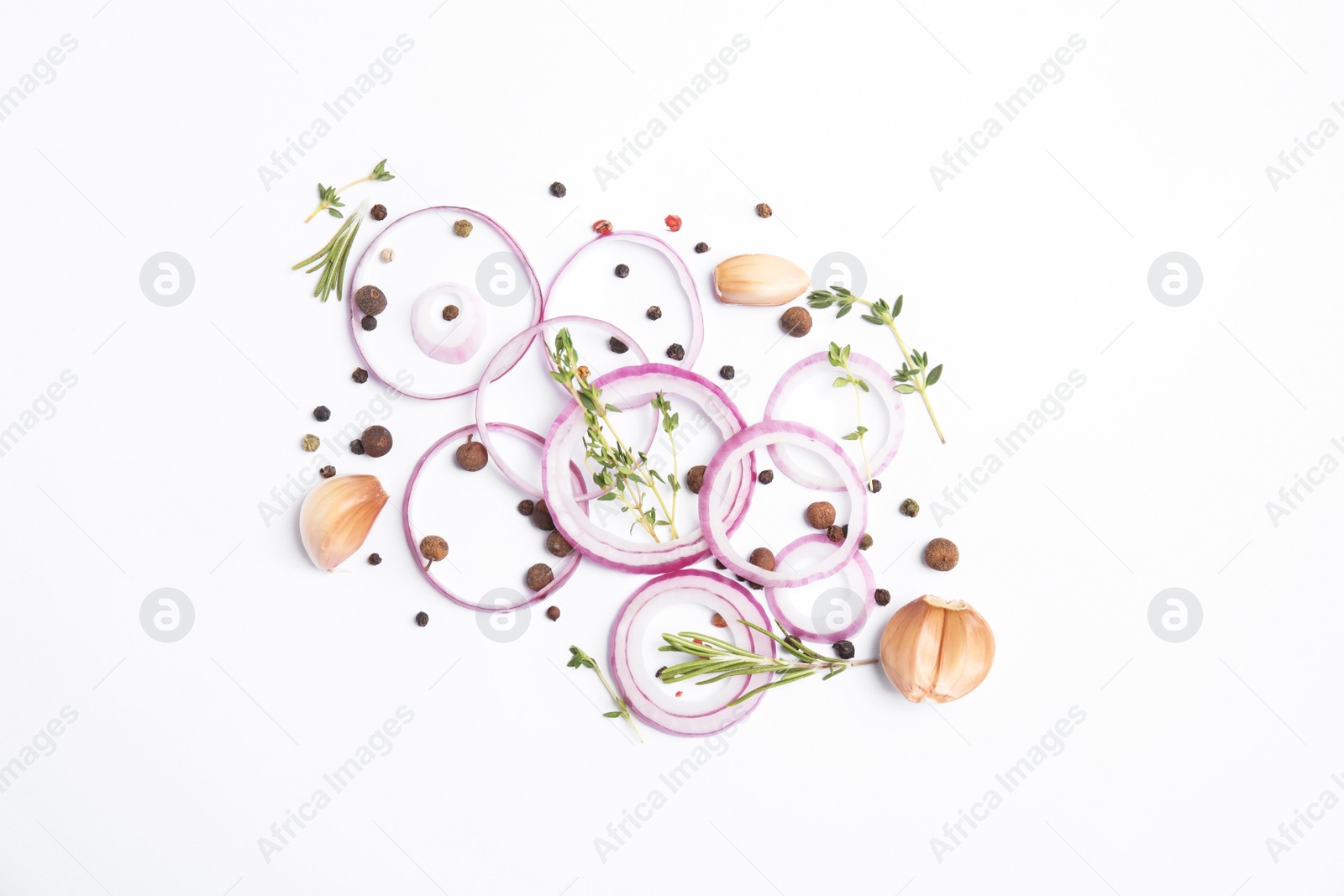 Photo of Beautiful composition with ripe red onion on white background