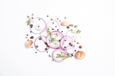 Beautiful composition with ripe red onion on white background