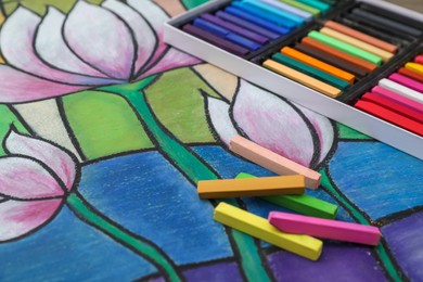 Photo of Beautiful drawing of flowers and pastels, closeup