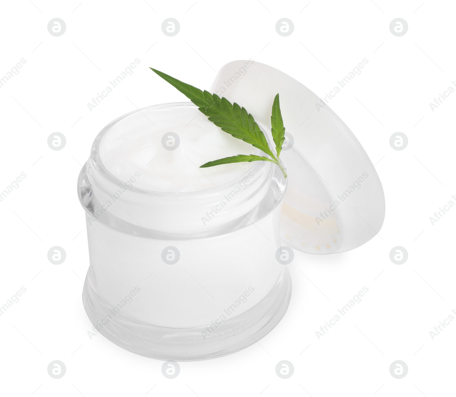 Photo of Jar with hemp cream and green leaf on white background. Natural cosmetics