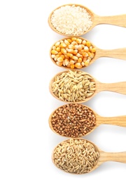 Photo of Spoons with different types of grains and cereals on white background