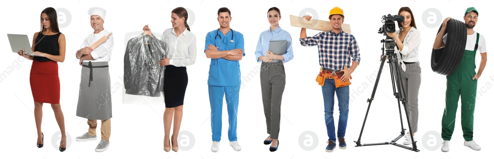 Image of Collage with people of different professions on white background. Banner design