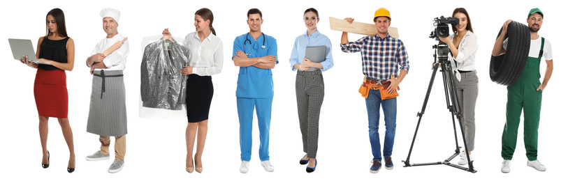 Collage with people of different professions on white background. Banner design