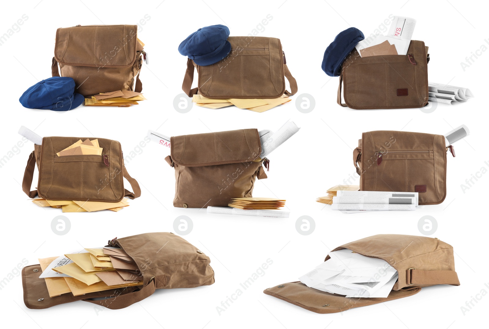 Image of Set with different postman's bags with mails and newspapers on white background