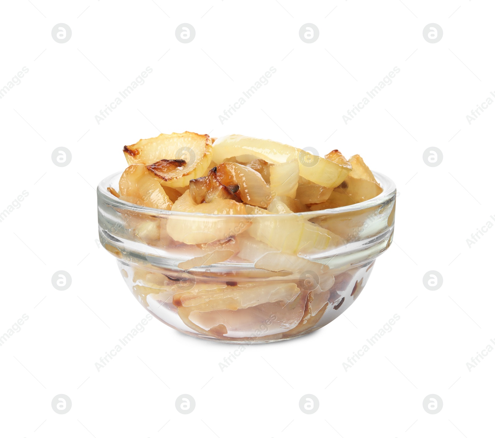 Photo of Tasty fried onion in glass bowl isolated on white