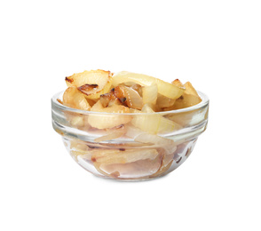 Tasty fried onion in glass bowl isolated on white