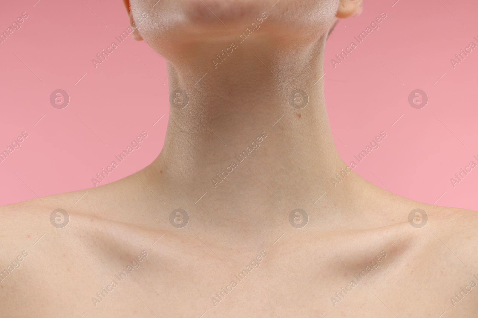 Photo of Beauty concept. Woman on pink background, closeup