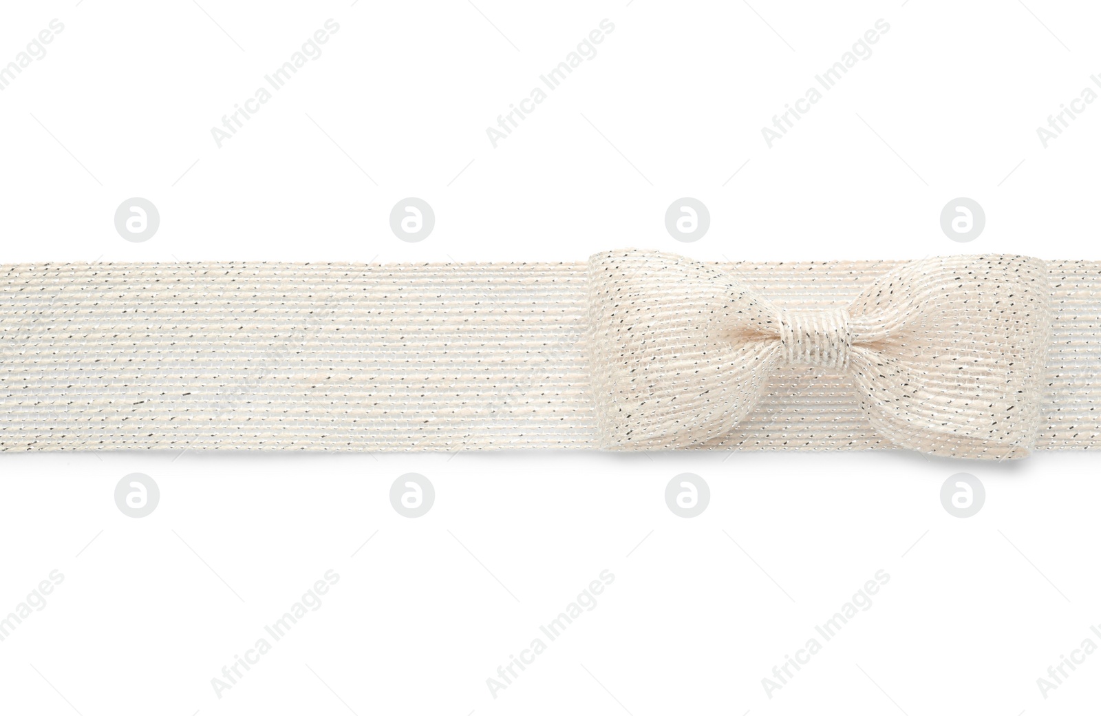 Photo of Burlap ribbon and bow with silver thread on white background, top view